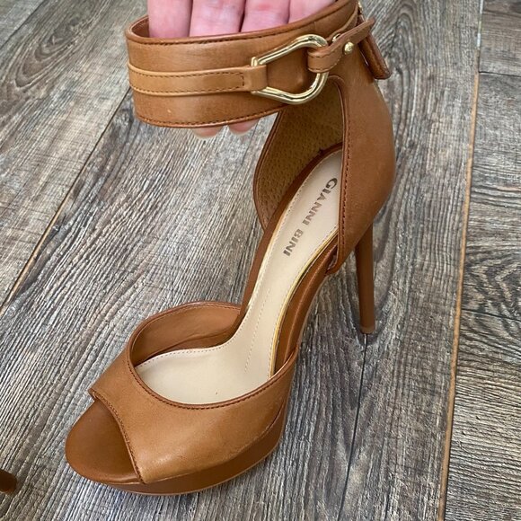 Gianni Bini Leather Ankle Strap Heel Size 6.5 Brown 5 in Zip Back Platform - Picture 12 of 16